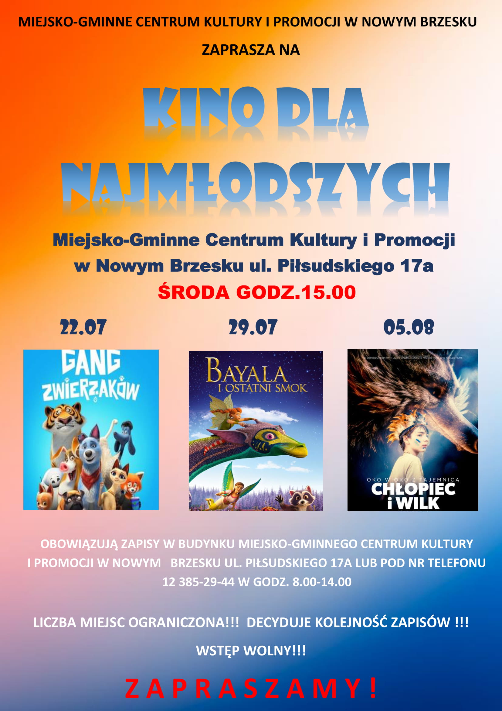 Miejsko-Gminne Centrum Kultury i Promocji w Nowym Brzesku zaprasza na kino dla najmłodszych