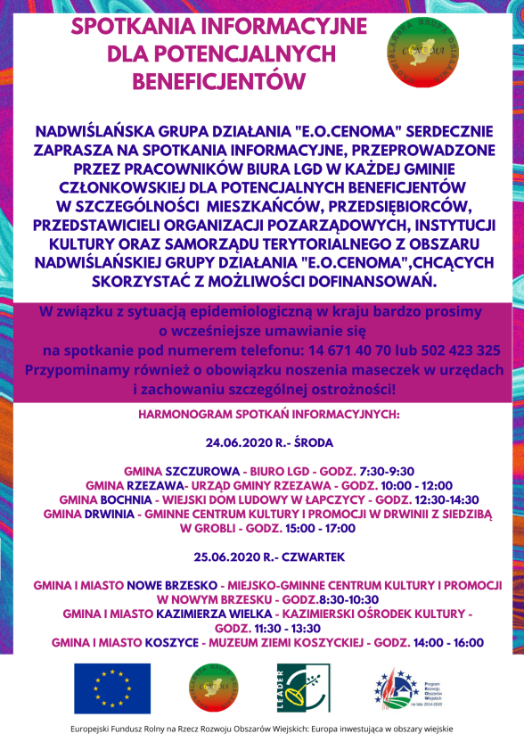 Plakat informujący o szkoleniach dla potencjalnych beneficjentów. Szczegóły na stronie www.cenoma.pl